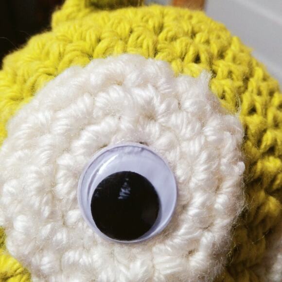 Lime, Yellow & Blue Crochet Knit Owl Plush - 8" Handmade Stuffed Animal - Picture 2 of 5